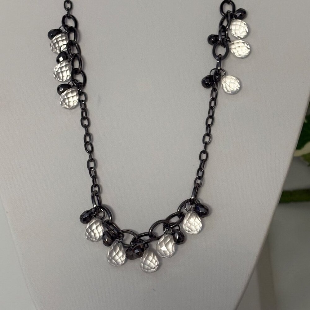 Gunmetal Chain Necklace Faceted Clear and Dark Gray Beads Black 35 inch Modern